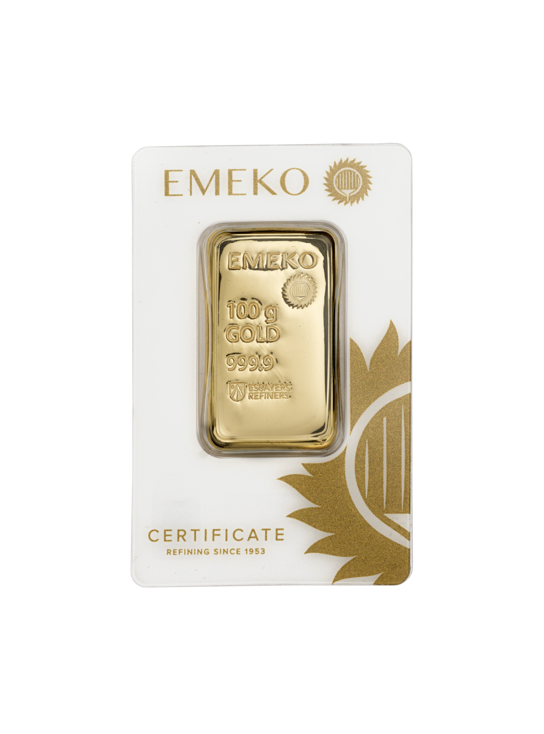 Emeko 100gr gold bar with 999.9 purity blister pack